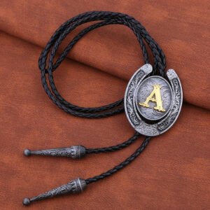 Gold Initial Letter Bolo Tie for Men, A-Z Alphabet Western Cowboy Horseshoe Necktie