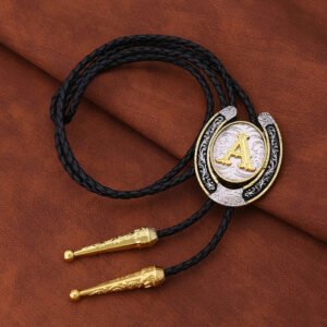 Gold Initial Letter Bolo Tie for Men, A-Z Alphabet Western Cowboy Silver Horseshoe Necktie (3)