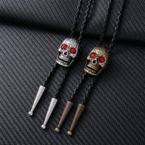 Punk Skull Bolo Tie with Red Crystal Eyes, Gothic Western Cowboy Necktie