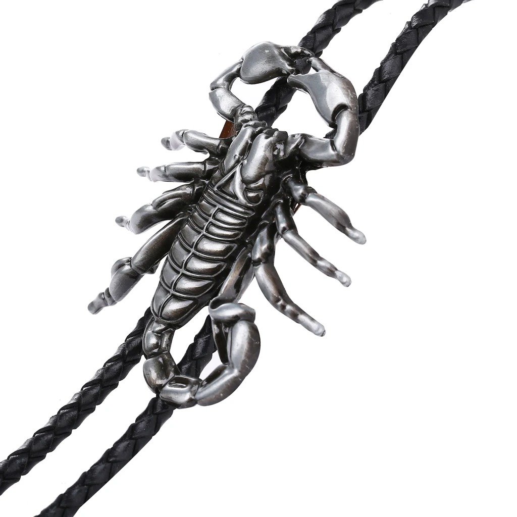 3D Scorpion Bolo Tie for Men, Western Cowboy Necktie with Genuine Leather Rope, Vintage Silver Metal Animal Pendant - Image 6