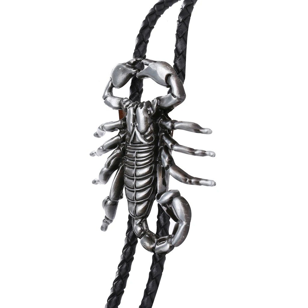 3D Scorpion Bolo Tie for Men, Western Cowboy Necktie with Genuine Leather Rope, Vintage Silver Metal Animal Pendant - Image 5