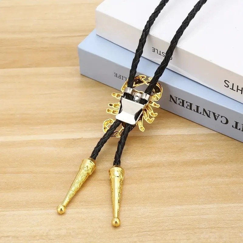 3D Scorpion Bolo Tie for Men, Western Cowboy Necktie with Genuine Leather Rope, Vintage Silver Metal Animal Pendant - Image 3