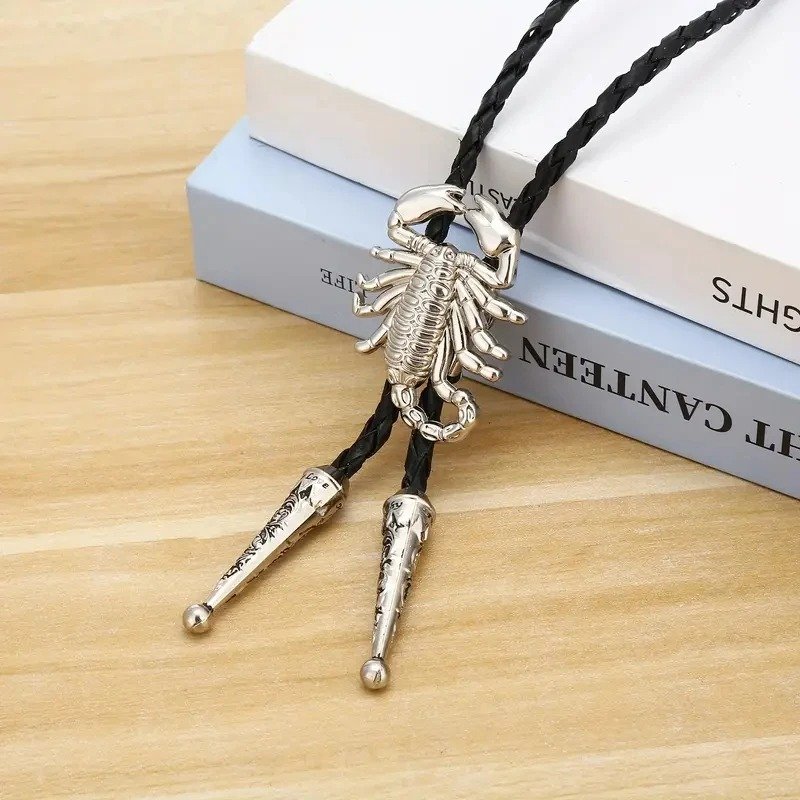 3D Scorpion Bolo Tie for Men, Western Cowboy Necktie with Genuine Leather Rope, Vintage Silver Metal Animal Pendant - Image 2